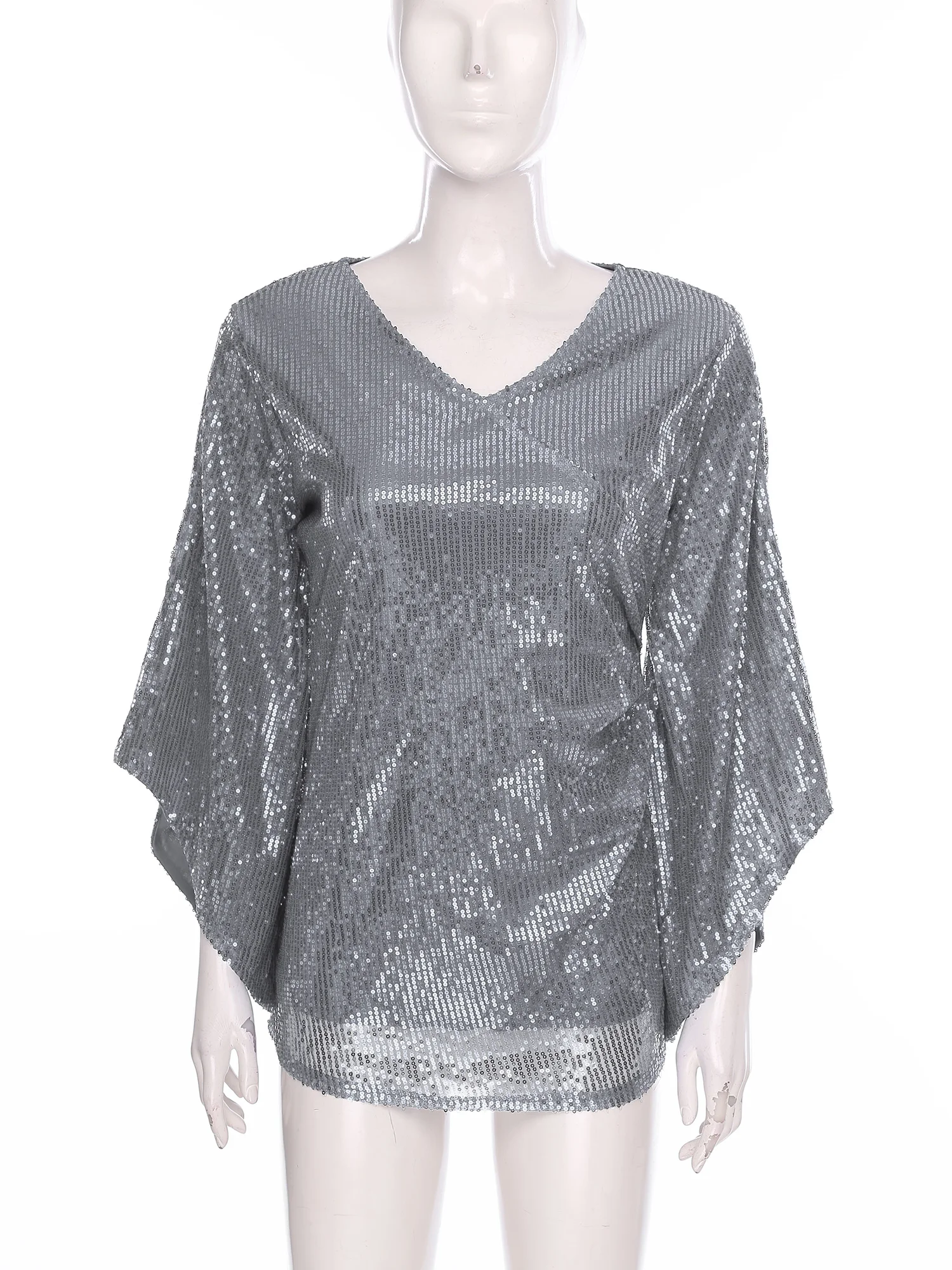 Women's Glittery Sequin Blouse V Neck Irregular 3/4 Flared Sleeves Fully Lined Pullover Shirt Tops for Cocktails Club Evenings