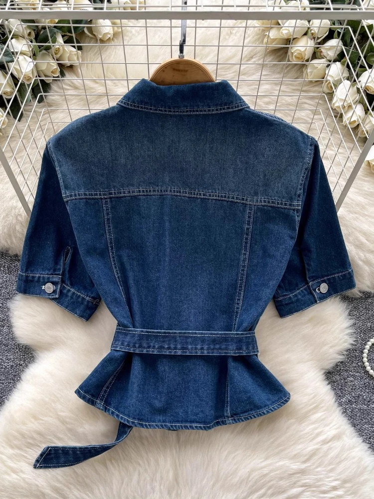 High Street Vintage Denimเสื้อเข็มขัดSlim Top 2025 ฤดูร้อนเสื้อโปโลแขนสั้นElegant OLคาวบอยสั้นเสื้อผู้หญิง