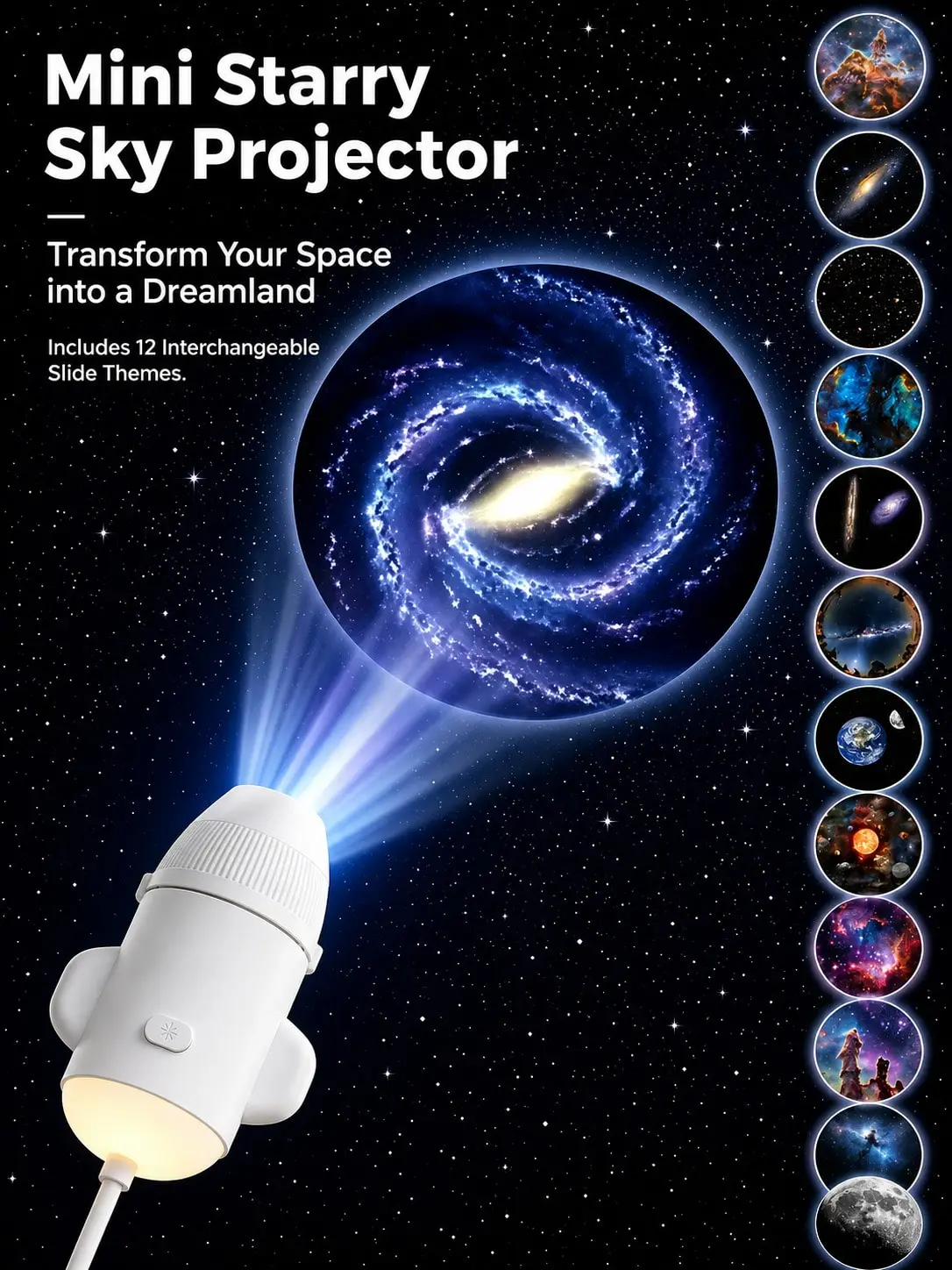 USB Powered Galaxy Projector Lamp With 12 Interchangeable Starry Sky Films And Light Effects, White Rocket Shaped Night Light With Warm Glow, One Button Control And Flexible Adjustable Angle For Bedroom, Room, Bedside, Study, Desk And Car Decor