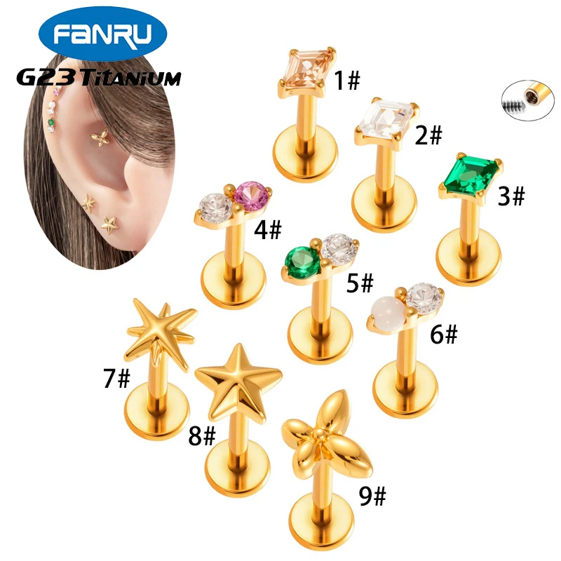 1PC G23 Titanium Piercing Cartilage Stud Earing Geometry CZ Helix Tragus Lip Stud Flat Back Internal Thread Piercing Jewelry 16G