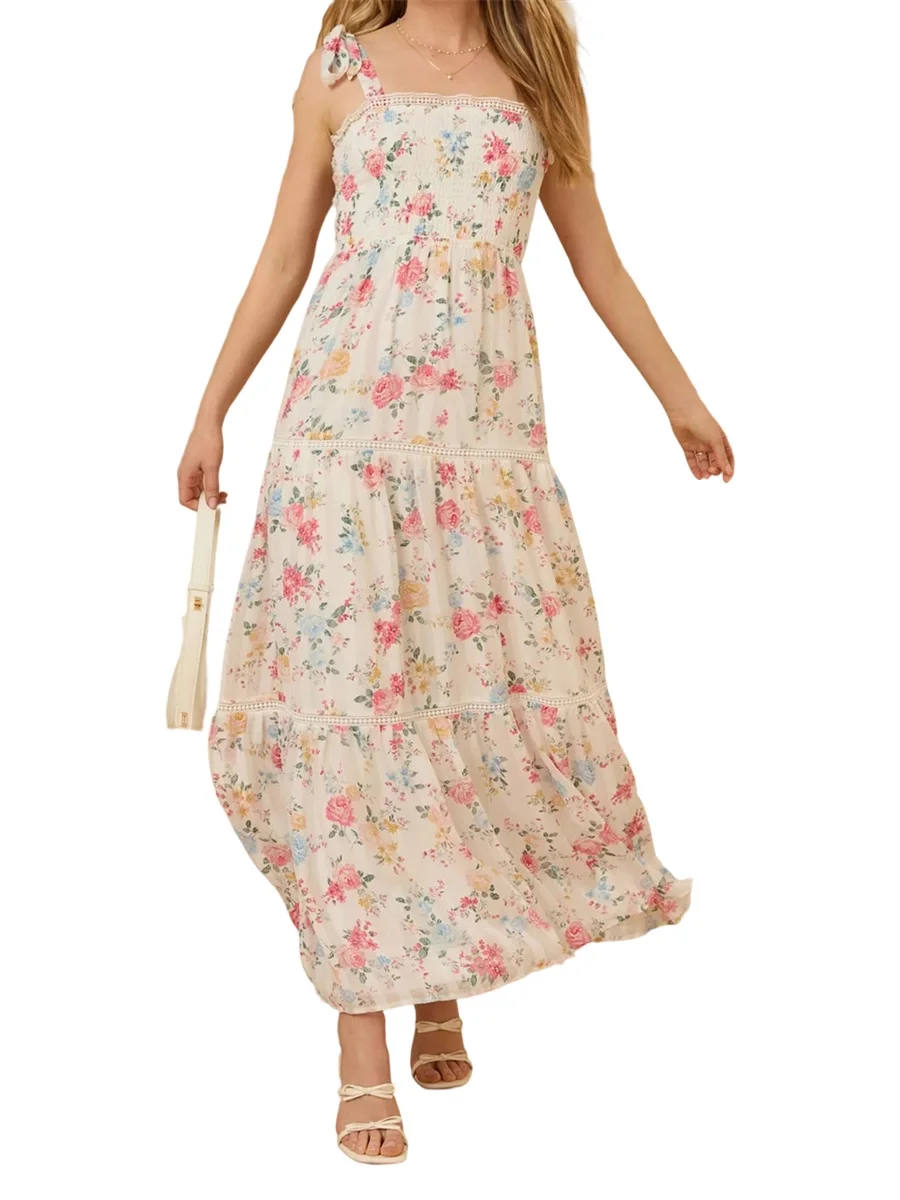 

Women Summer Sleeveless Dress Casual Tie up Straps Floral Print A-Line Party Dress for Vacation Cocktail Streetwear
