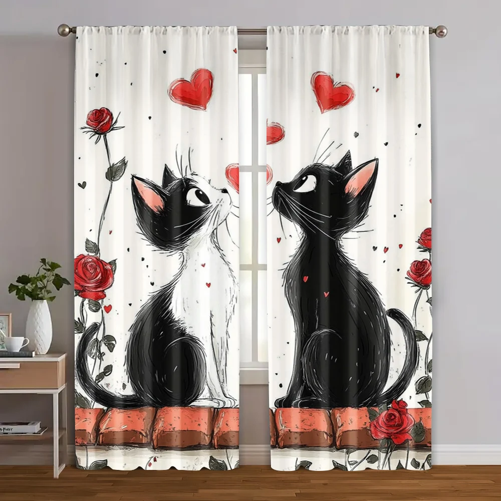 2pcs, Upscale Curtains The story of Love Cat. Machine Washable Fabric (without rod) Stuff Clearance for Living Room, Bedroom,
