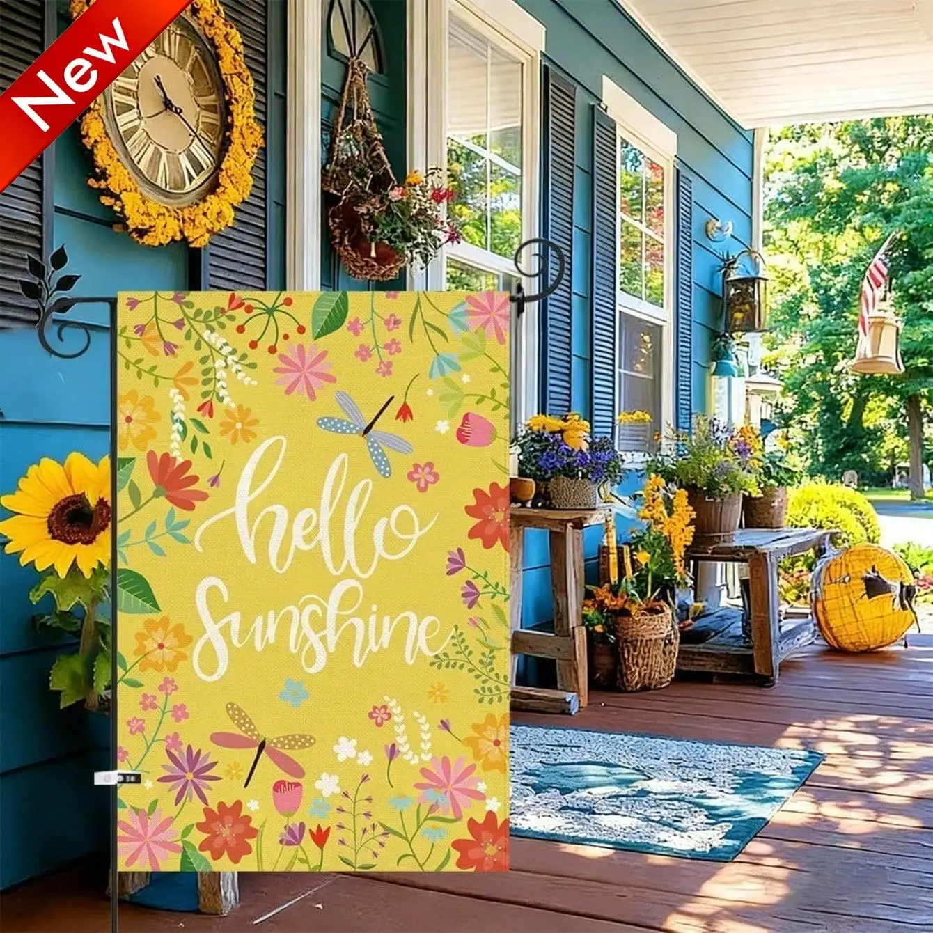

12x18 Inch Double Sided Burlap Hello Sunshine Floral Rustic Weather Resistant Lawn Porch No Pole