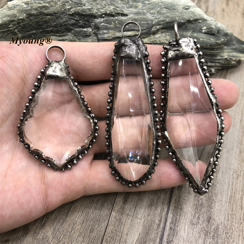 Soldered Ancient Silver-Plated Geometric Maple Leaf Shape Glass Crystal Vintage Necklace Pendants For Jewelry Making MY220856