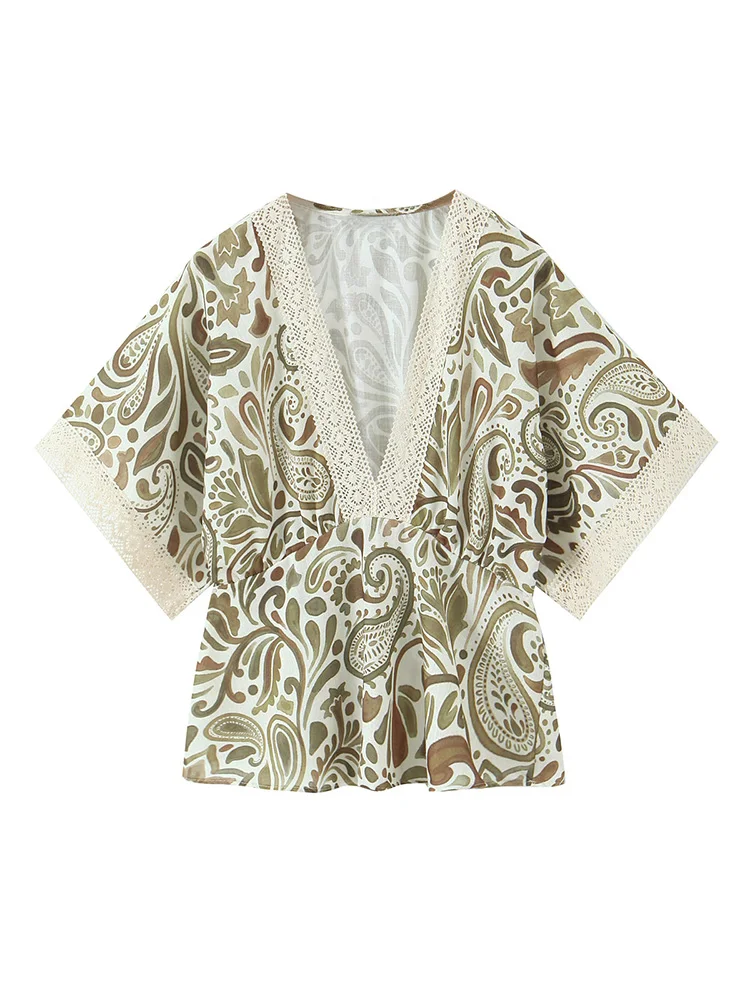 

KUCLUT Women Fashion Printed Lace Hem Elastic Waist Pullover T-Shirt Vintage V-Neck Short Sleeves Female Chic Lady Blouse