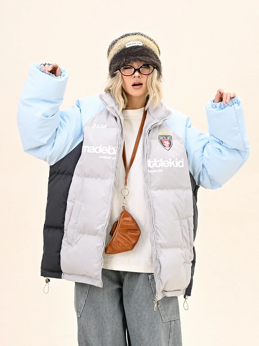 Contrasterende kleur splitsen opstaande kraag dames 2024 winter nieuwe losse Bf Amerikaanse trendy merk college stijl parka's jassen