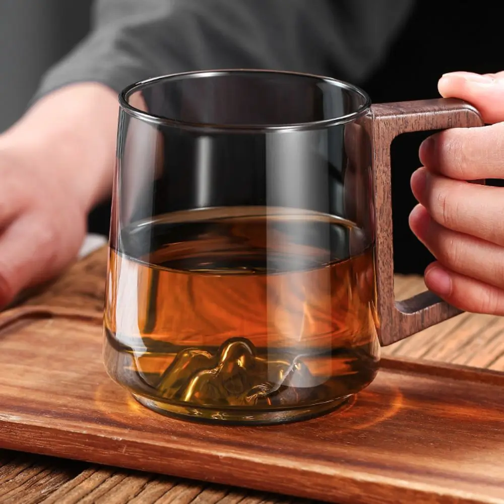 Internal Mountain Protrusion Glass Cup Large Capacity Single-layer Water Drinking Cup Heat-resistant Wooden Handle Tea Cup