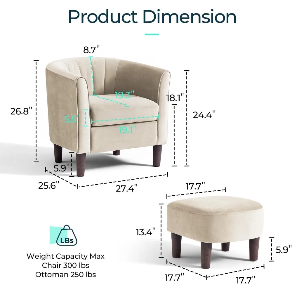 Accent Chair with Ottoman, Modern Barrel Chair Comfy Armchair Reading Chairs with Footrest, Round Arms Chairs for Living Roo