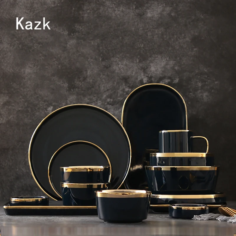 Nordic Golden Stroke Ceramic Plate Hotel Table Decoration Steak Black Dinner Plates Salad Dishes Western Cuisine Tableware Set