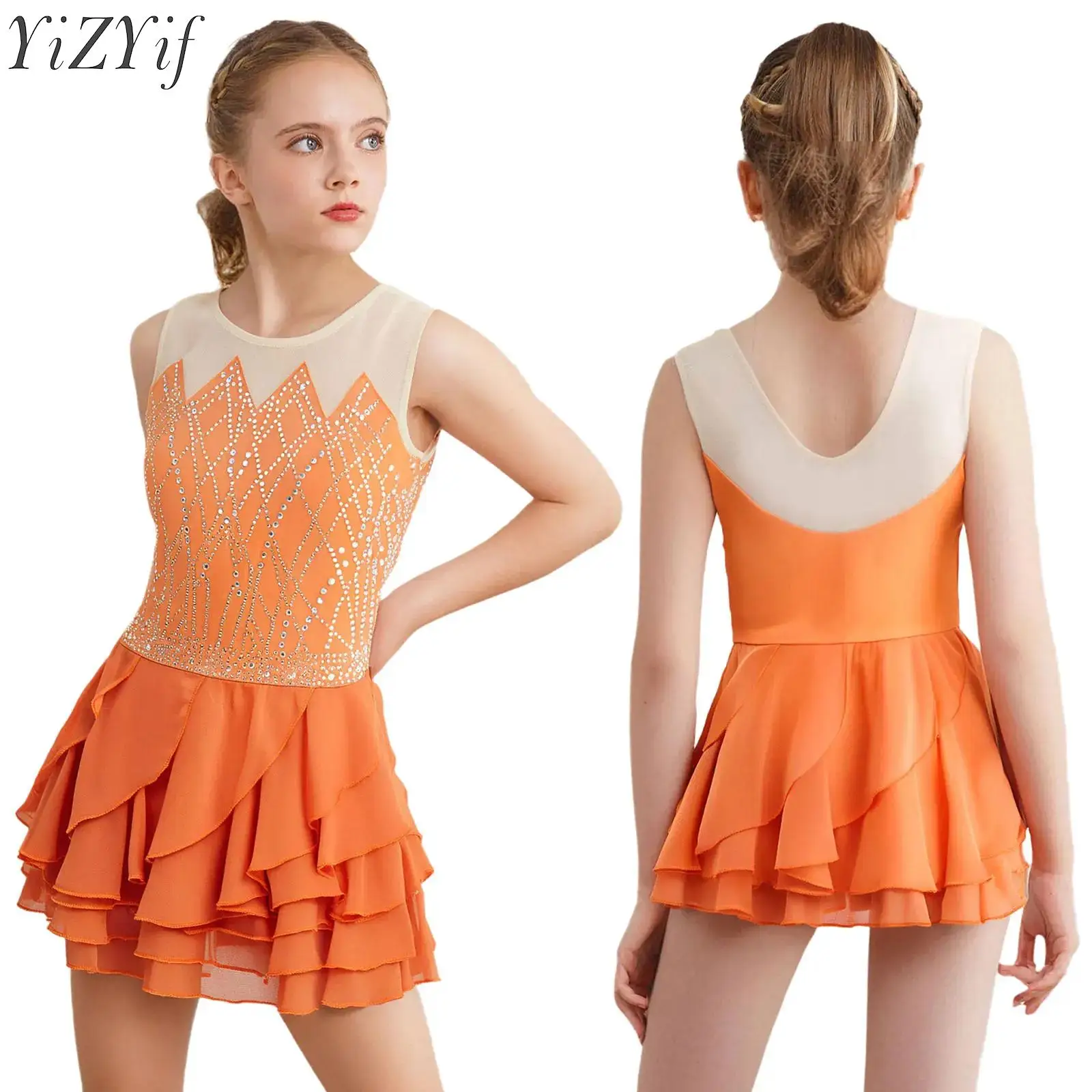

Kids Girls Figure Skating Dance Dress Rhinestones Sleeveless Tiered Ruffled Ballet Lyrical Modern Dress for Stage Performance