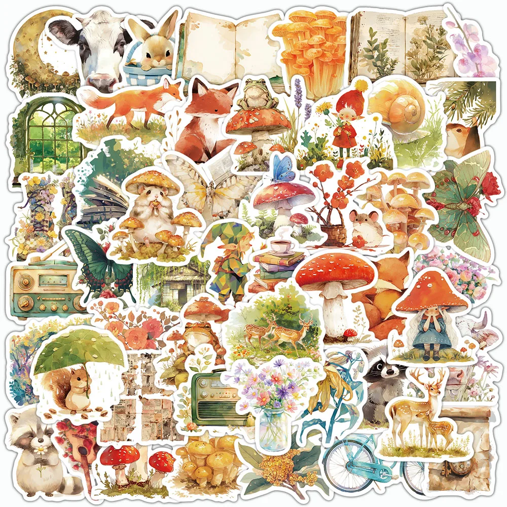 

50PCS Fairy Tale Animals Stickers Cartoon Vintage Mushroom Decals For Laptop Skateboard Scrapbook Motorcycle Kids Gift Stickers