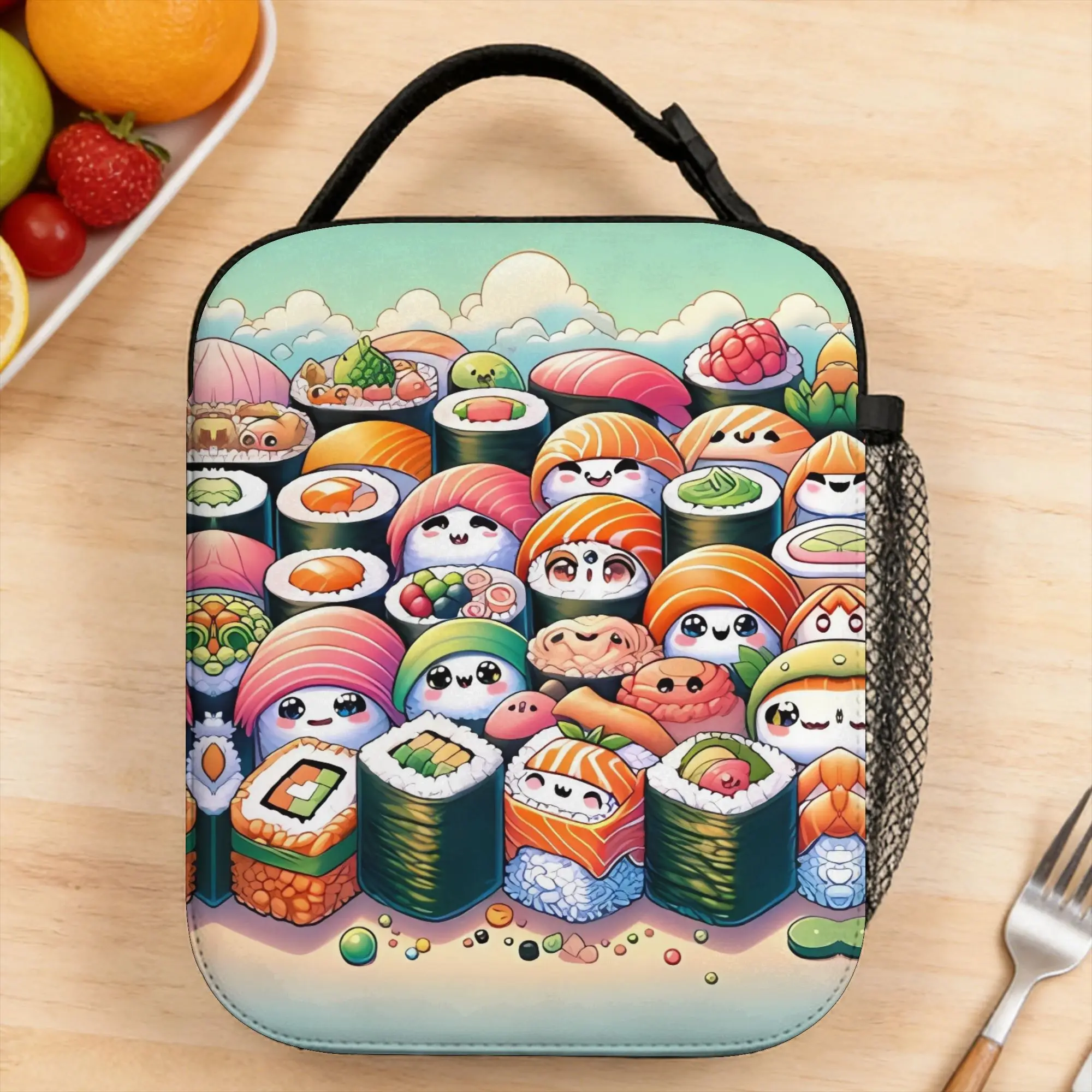 Sushi on Beach with Mount Fuji Background Lunch Bag Travel Portable Zipper Lunch Box For Child  Oxford Custom Cooler Bag