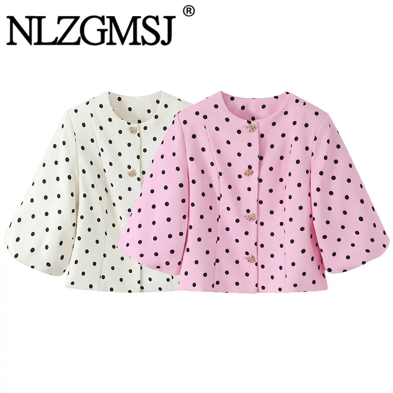 NLZGMSJ 2026 Frühling Elegante Damen Polka Dot Jacke Langarm Einreihiger Lässiger Kurzmantel Damenmantel