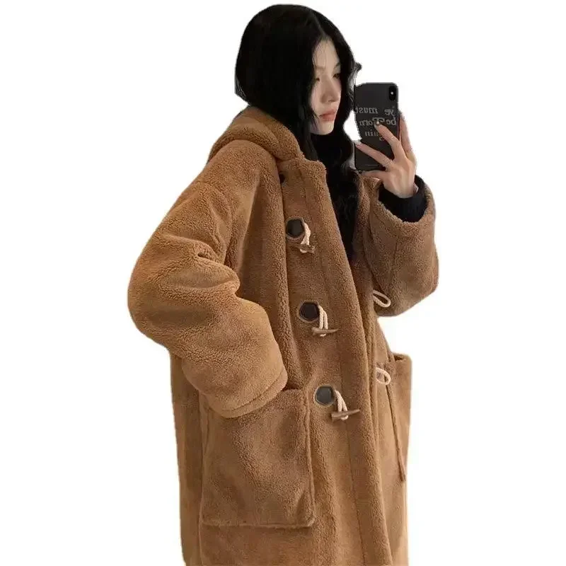 Winter Fluffy Jacket Women Vintage Casual Lamb Wool Long Coat Female Korean Fashion Long Sleeve Horn Button Hooded Plush Outwear