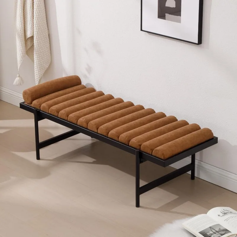 

Upholstered PU Faux Leather Bedroom Bench with Pillow for Lying, Comfy Entryway Bench Footstool with Metal Legs, Brown