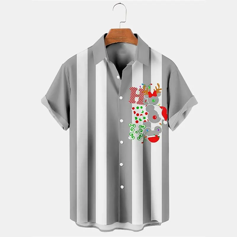 Camisa de Navidad a rayas para hombre, camisa de manga corta con solapa abierta, estampada en 3D, informal, a la moda, ropa de Año Nuevo