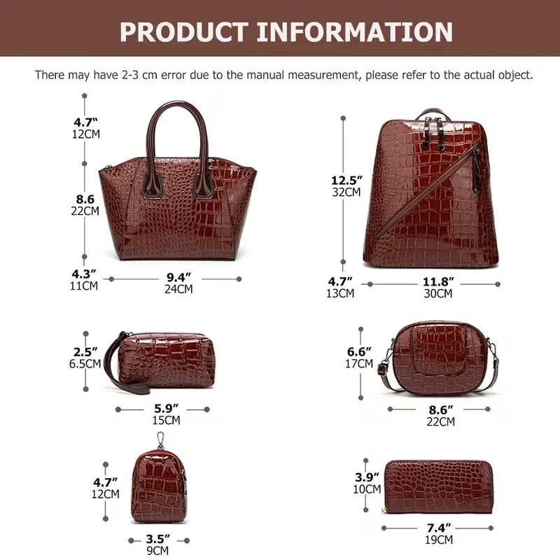 6Pcs Solid Color Crocodile Pattern Handbag Set, Large Capacity Versatile Women Shoulder Crossbody Purse Kit view 5