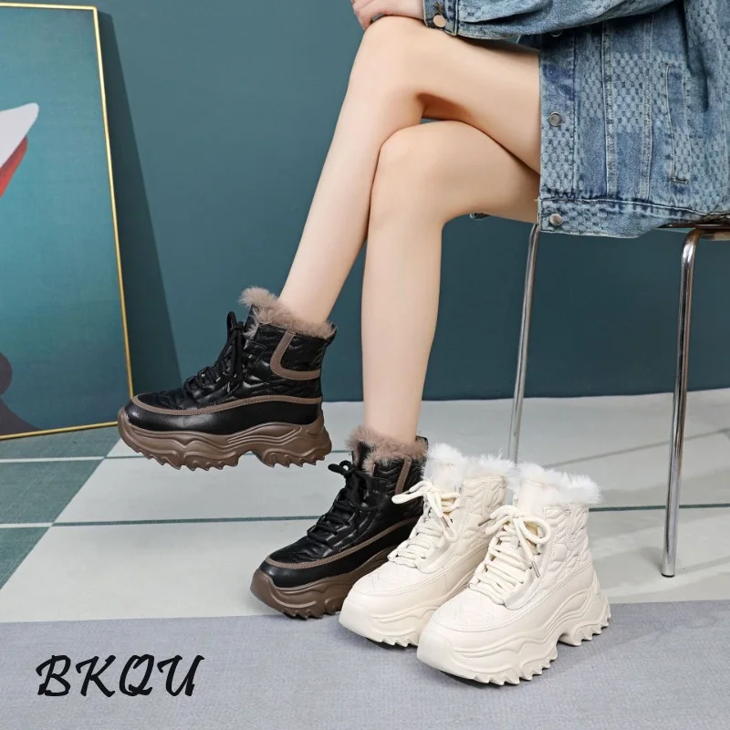 

BKQU Snow Boots Daddy Shoes for Women 2024 Winter with Fleece Thickened Warm Thick Soled Small Ankle Boots Plush