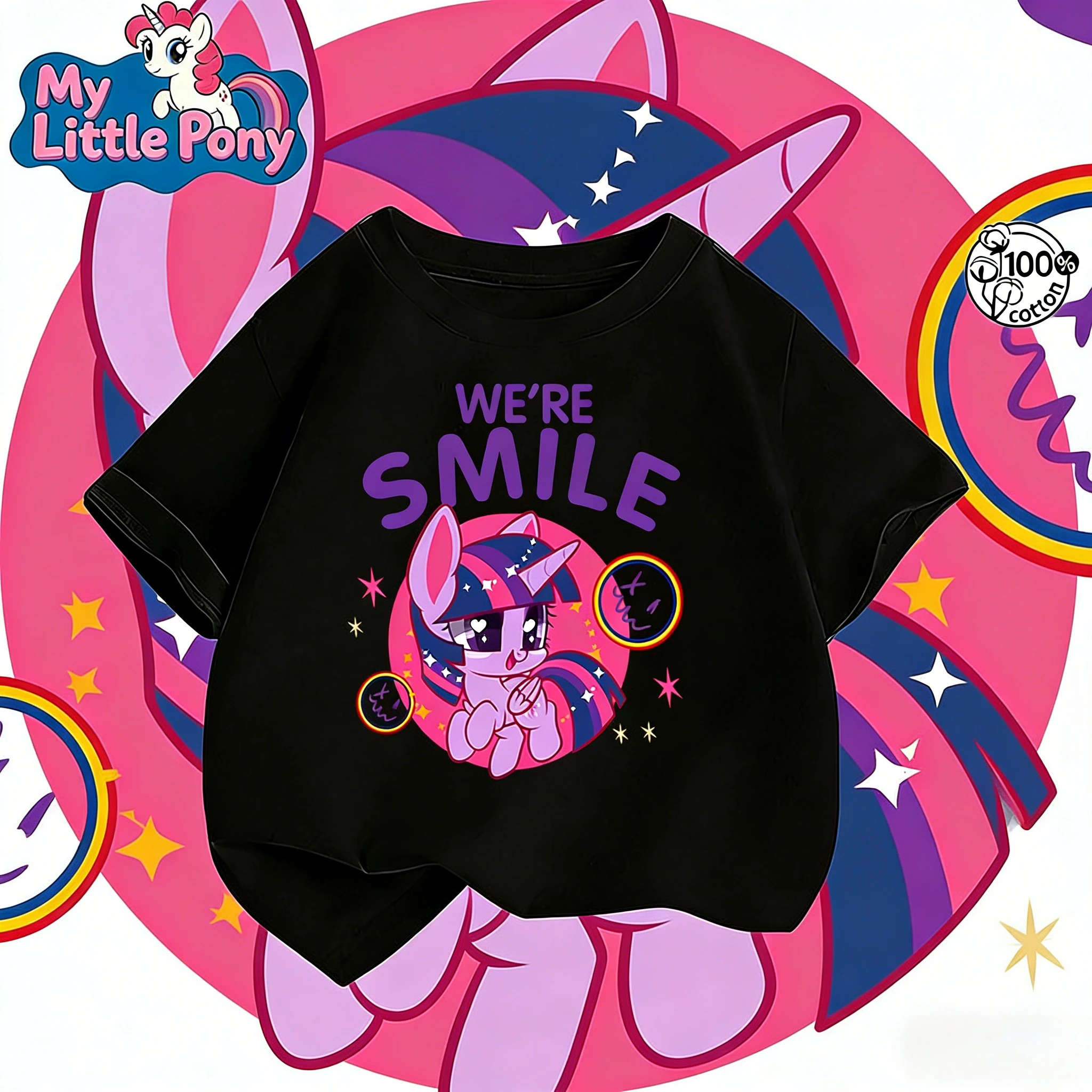 

Футболка унисекс для детей и подростков с принтом My Little Pony (Мой маленький пони), коллекция 2025-26, 100% хлопок, бренд Hasbro, повседневная, свободная, дышащая