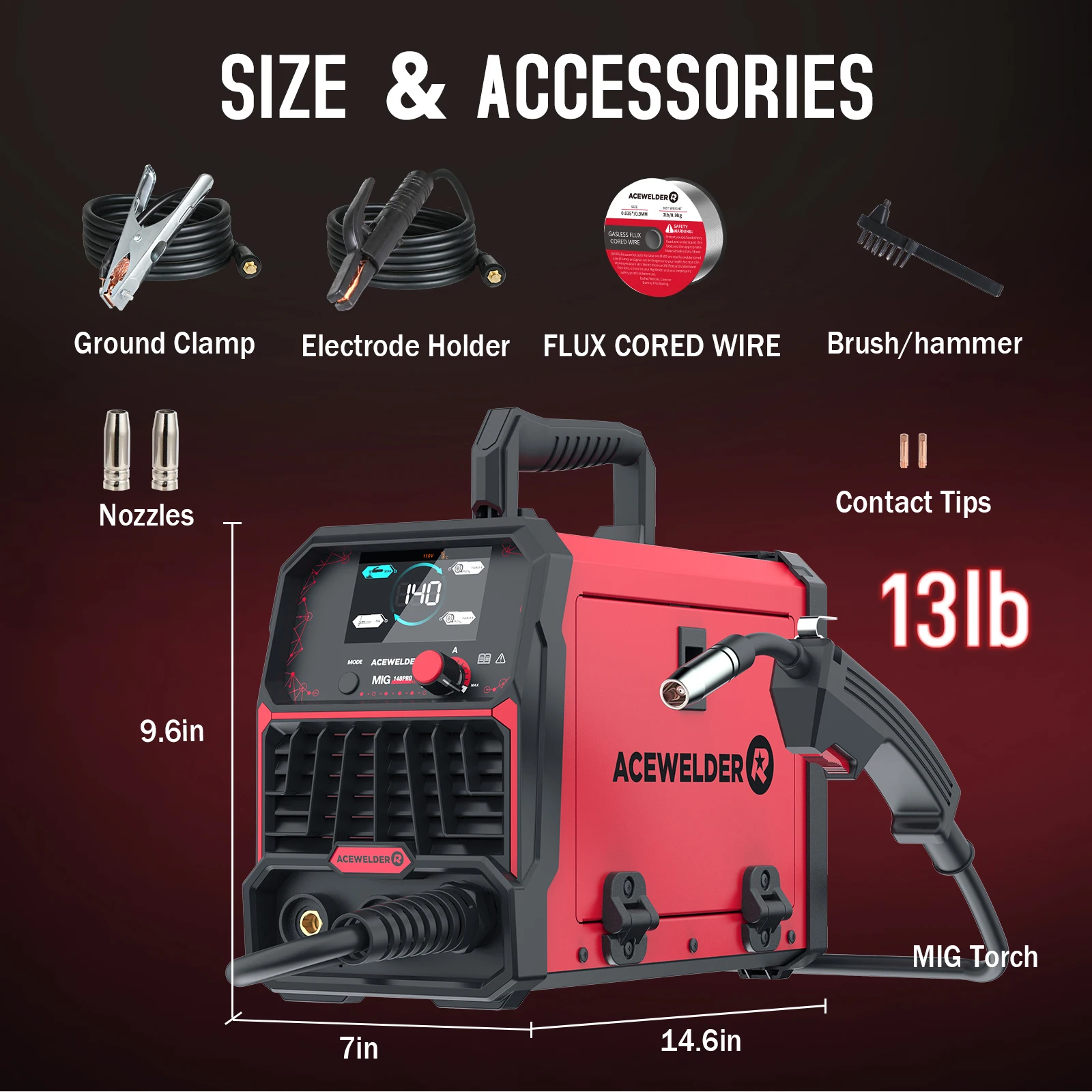 ACEWELDER 140A MIG Сварочный аппарат 110 В с порошковым сердечником MlG 3 в 1 Lift TIG Stick ARC Сварочный аппарат с большим светодиодным дисплеем Цифровой сварочный аппарат