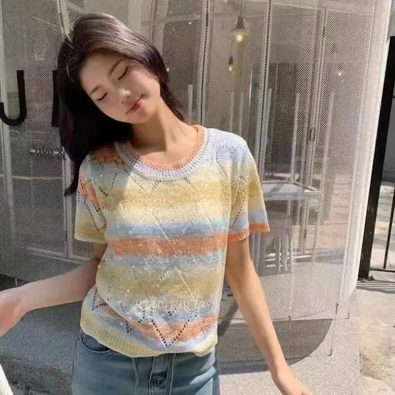 

Summer Sweet Knit Sweater Ice Silk Thin Sequins Knit Short Sleeve T-shirt Women New Design Loose Colorful Knitwear Tops Chic