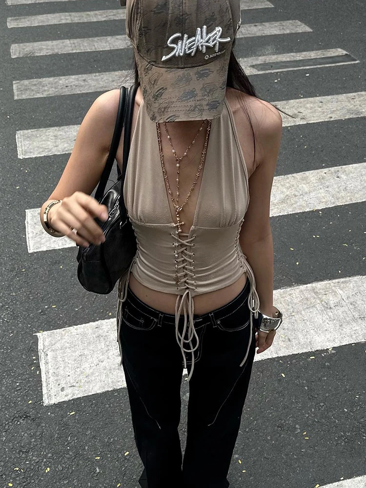 Nibber Halter Profondo scollo a V Top da donna Lace-Up senza maniche Backless Solid Street Sexy Midnight Skinny Summer Fashion Gilet versatile
