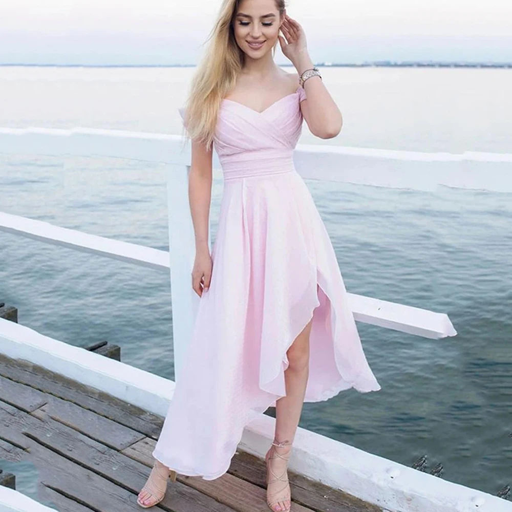 

2025 Simple A-line Off The Shoulder High Low Pink Chiffon Beach Wedding Bridesmaid Dresses V Neck Simple Party Dress