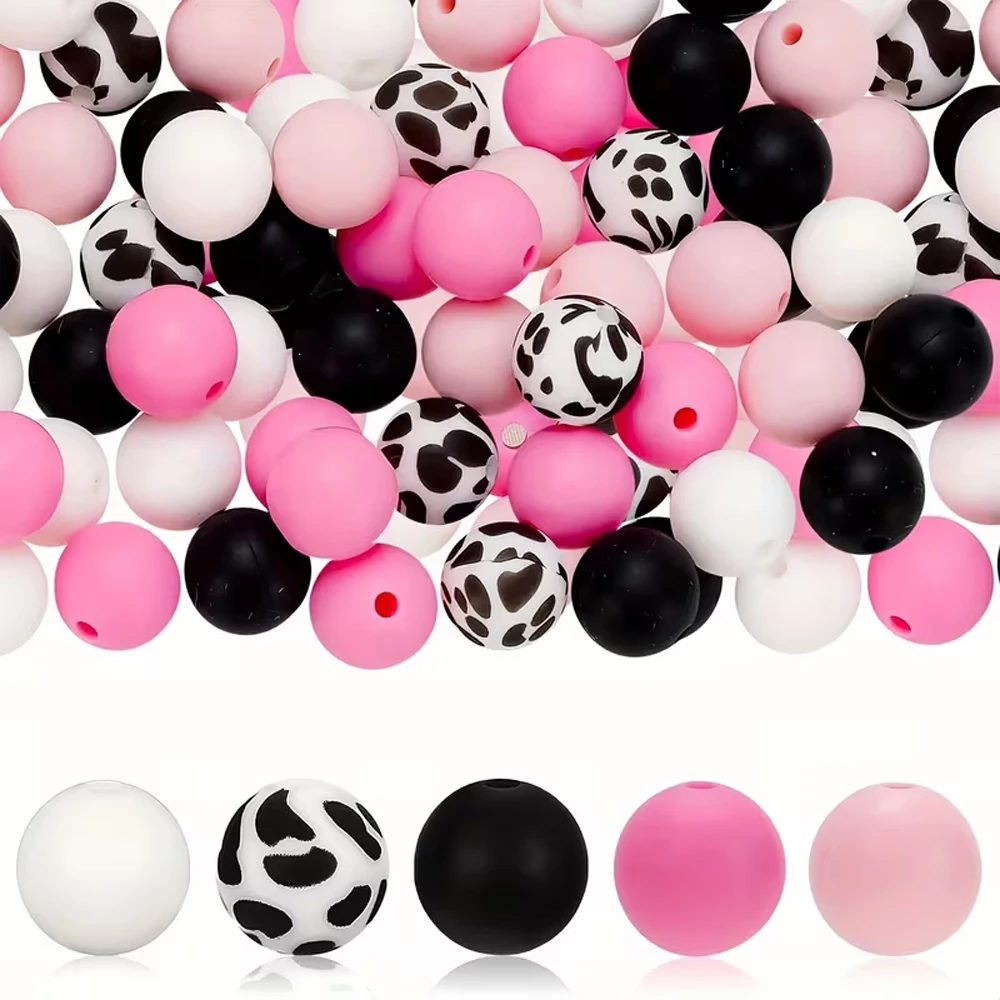 30Pcs Cow Pattern Silicone Beads Set DIY Beaded Necklace Bracelet Decoration Pen Jewelry Pendant Etc. Holiday Birthday Gift