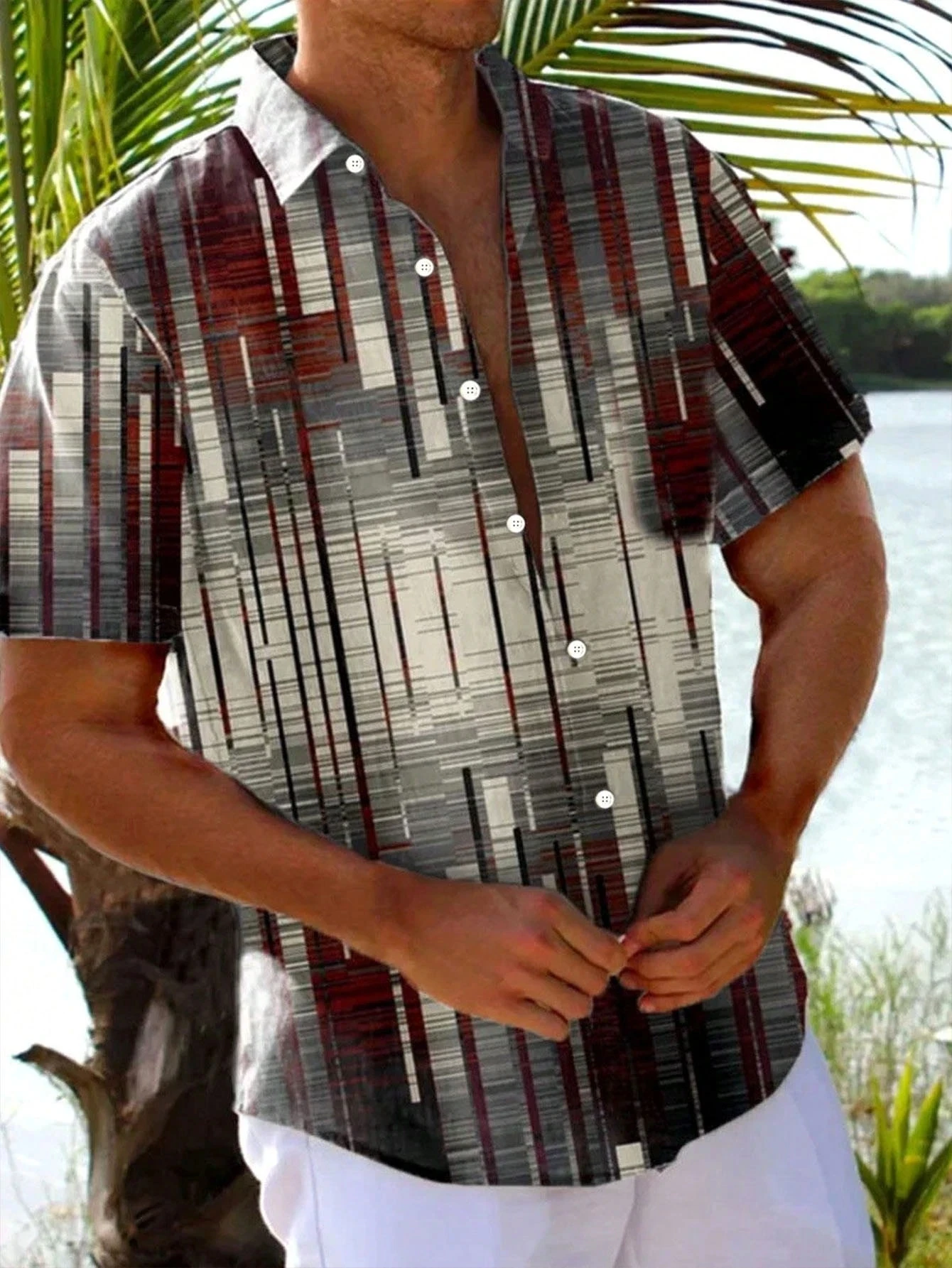 

2025 Мужская рубашка на пуговицах, повседневная рубашка в полоску с принтом, одежда большого размера, свободная однобортная рубашка, праздничные пляжные рубашки