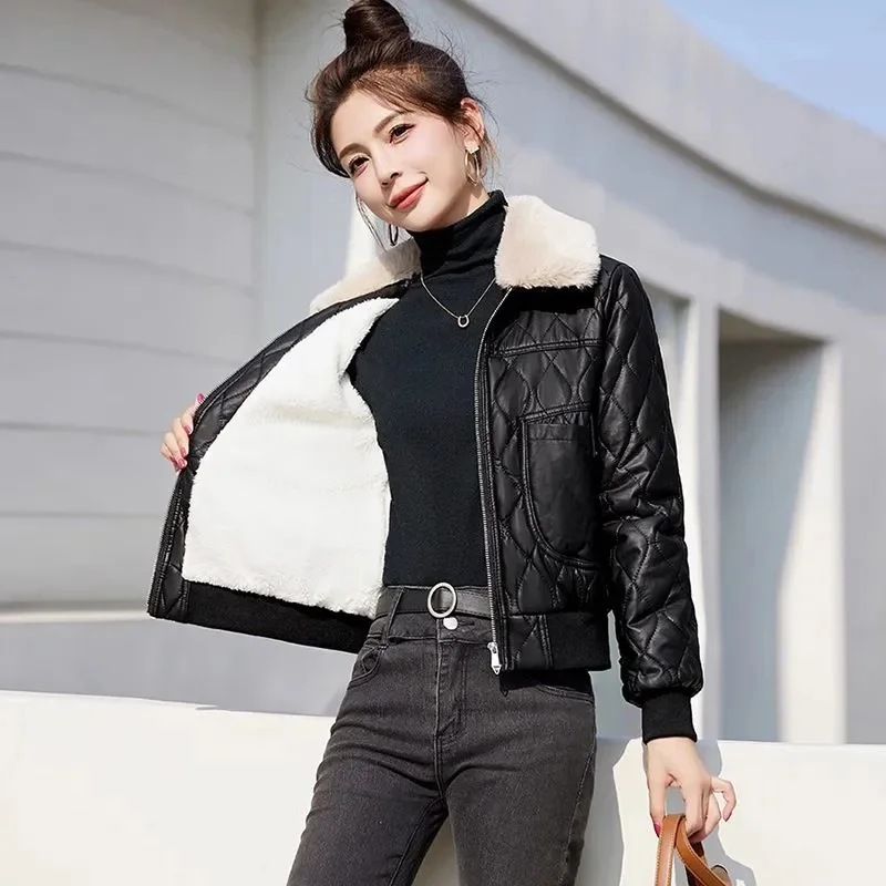 Women Autumn Winter PU Leather Jacket New Ladies Add Velvet Warm Leather Coat Detachable Fur Collar Short Top Lady Cotton Padded