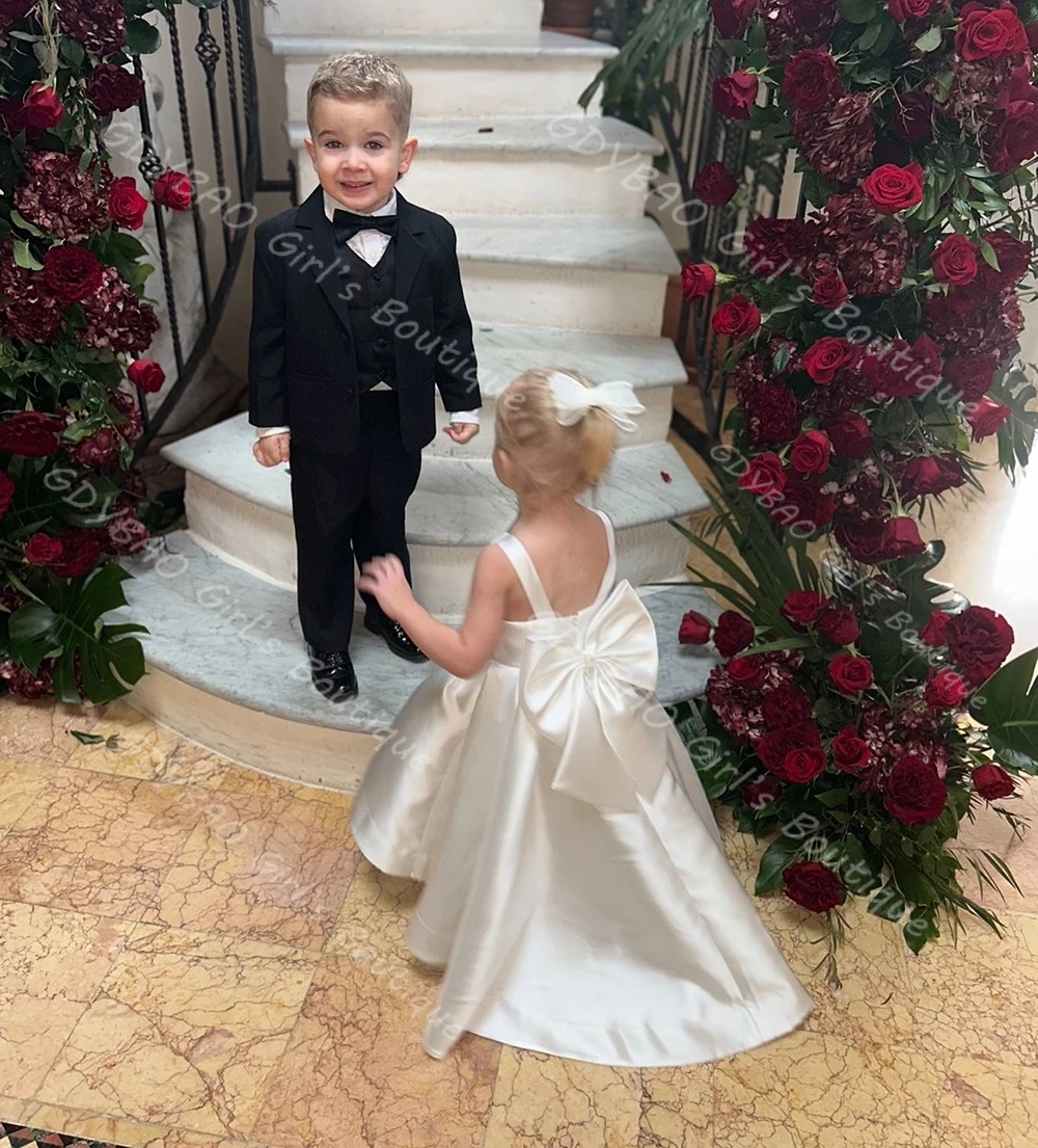 Vestido de niña de flores blanco para boda, vestido de primera comunión hasta el tobillo con espalda descubierta y lazo de satén, vestido de fiesta personalizado