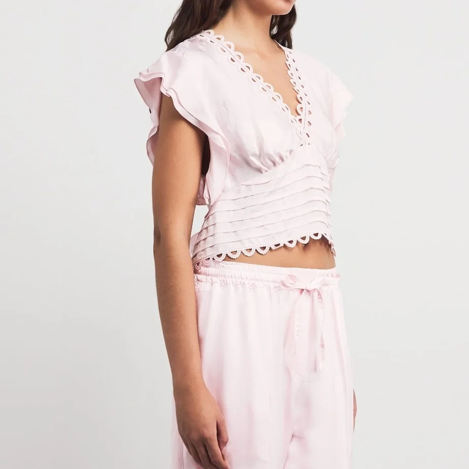 

Summer New Women's Pink Short Low-neck Back- V-neck Dark Pattern Flower Fly Sleeve Back-tying Waist-cinching Top Shirt
