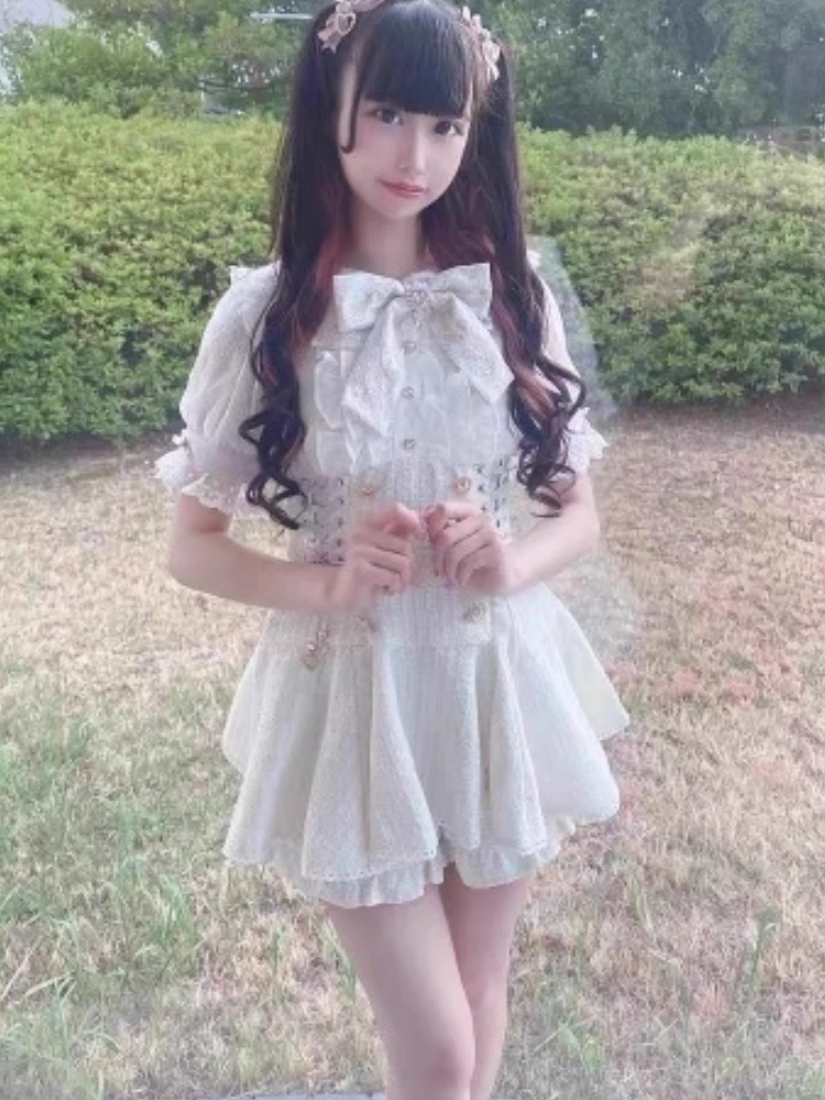 Japanese Mines Style Mass-Produced Lace Spliced Doll Collar Bow Lace-up Slim Lolita Dress High Waist Shorts Two-Piece Set Women
