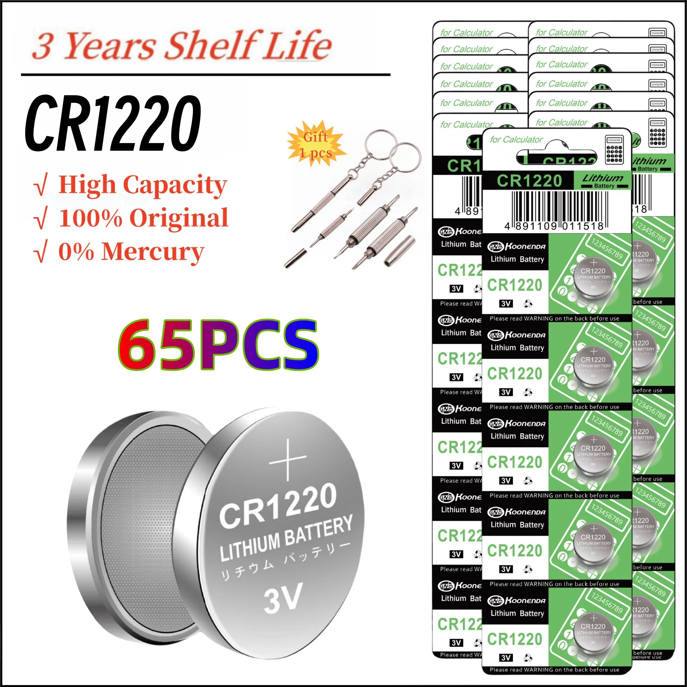 5-65Pcs CR1220 Mercury free 3V Lithium Button Cell Battery A Long-lasting,Leak-free,Suitable for flashlights,car keys,watches