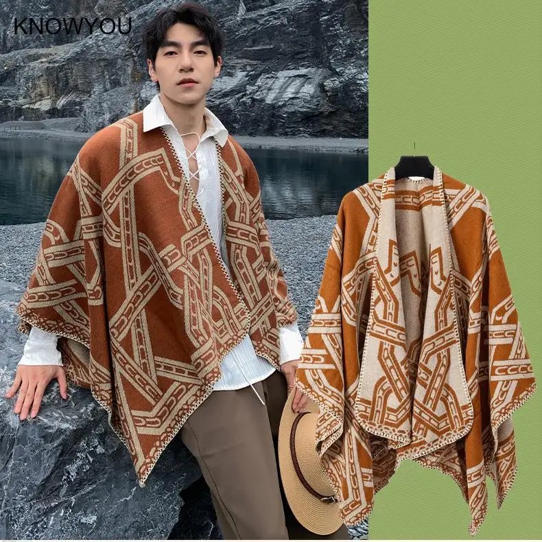 Male Split Hooded Shawl Ethnic Imitation Cashmere Poncho Warm Capes Hooded Coats Men Thickened Warm Tassel Cloak Triangle Jacket