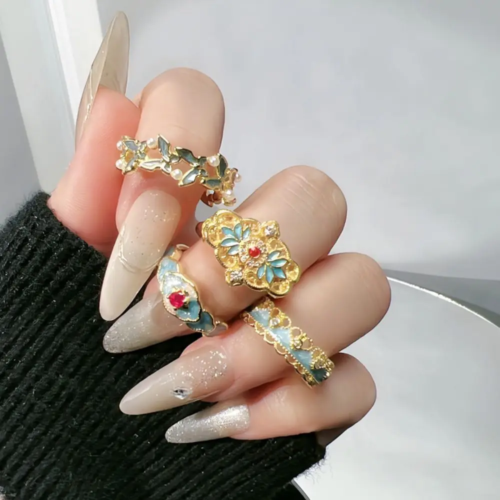 Fashion Chinese Style Enamel Ring Exquisite Translucent Chinese Vintage Rings Lucky Purple Metal Open Rings Women