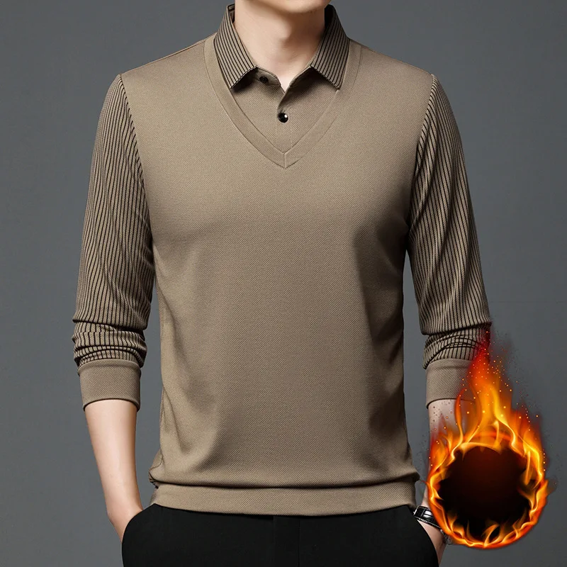 

fashion Fake two pieces fleece thicken t shirt men's long sleeves tops autumn and winter lapels warm Velvet polo shirt base tees
