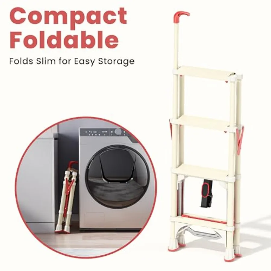 Telescoping 4-Step Ladder 3.5FT Folding Step Stool with Safety Lock Wide Non-Slip Pedals Retractable Handgrip Heavy Duty 380 lb