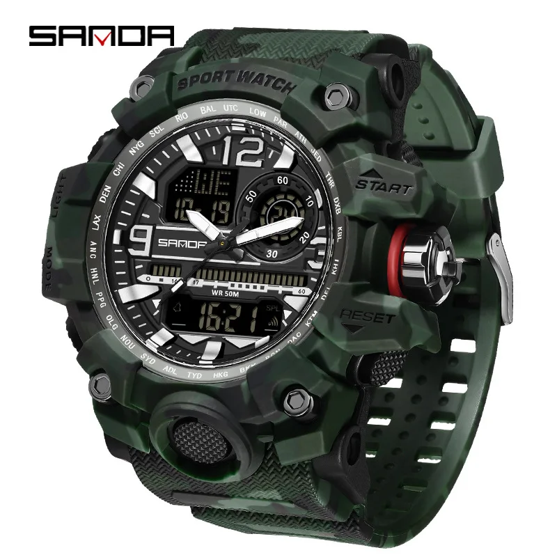 Fashion Sanda G Style Men Outdoor Sports Led Digital Analog Quartz Wristwatches Waterproof Camouflage Military Army Timing Watch