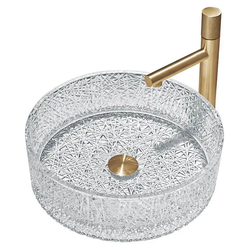

360*360*112mm Round Transparent Glass Bathroom Sink Imitation Crystal Washbasin for Washroom Clear Shiny Crushed Ice Vessel Sink