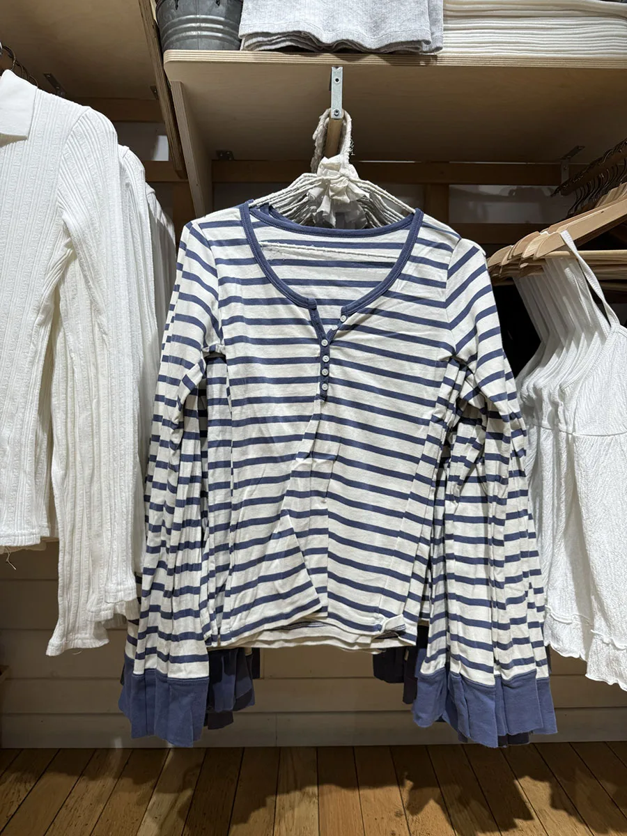 

Синяя полосатая футболка с длинными рукавами и шестью пуговицами, хлопковая тонкая футболка с круглым вырезом, осенняя милая винтажная футболка в консервативном стиле, новые футболки