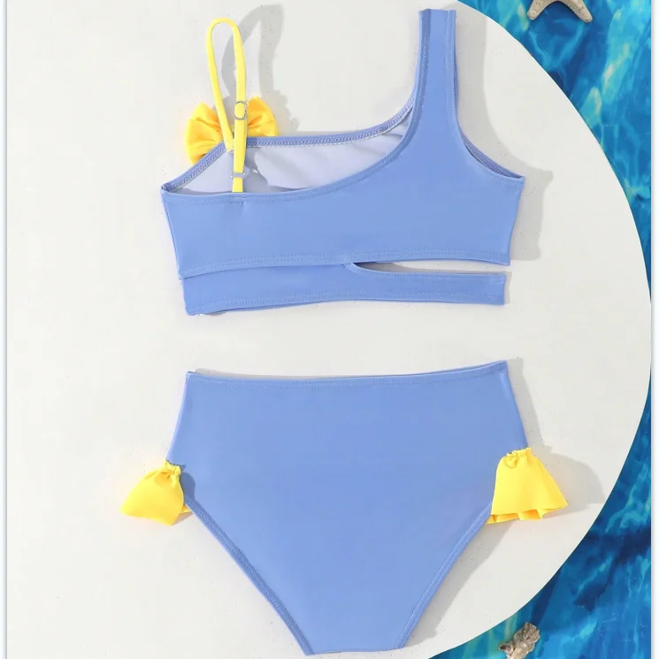 2026 Little Girls Swimsuit High Waist Bikini Ruffle Swimwear Female Solid Children Bathing Swimming Swim Suit 4-7Y view 2