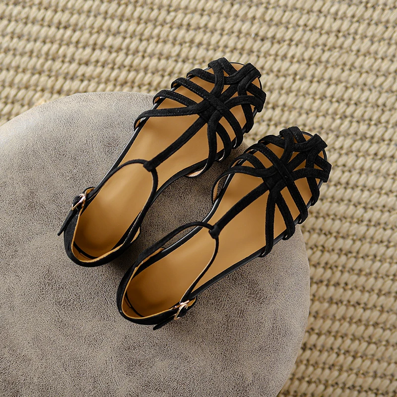 Women Sandals Roman Style Gladiator Shoes Genuine Leather Summer Shoes With Closed Toe Buckles Strap Women Flats For Spring