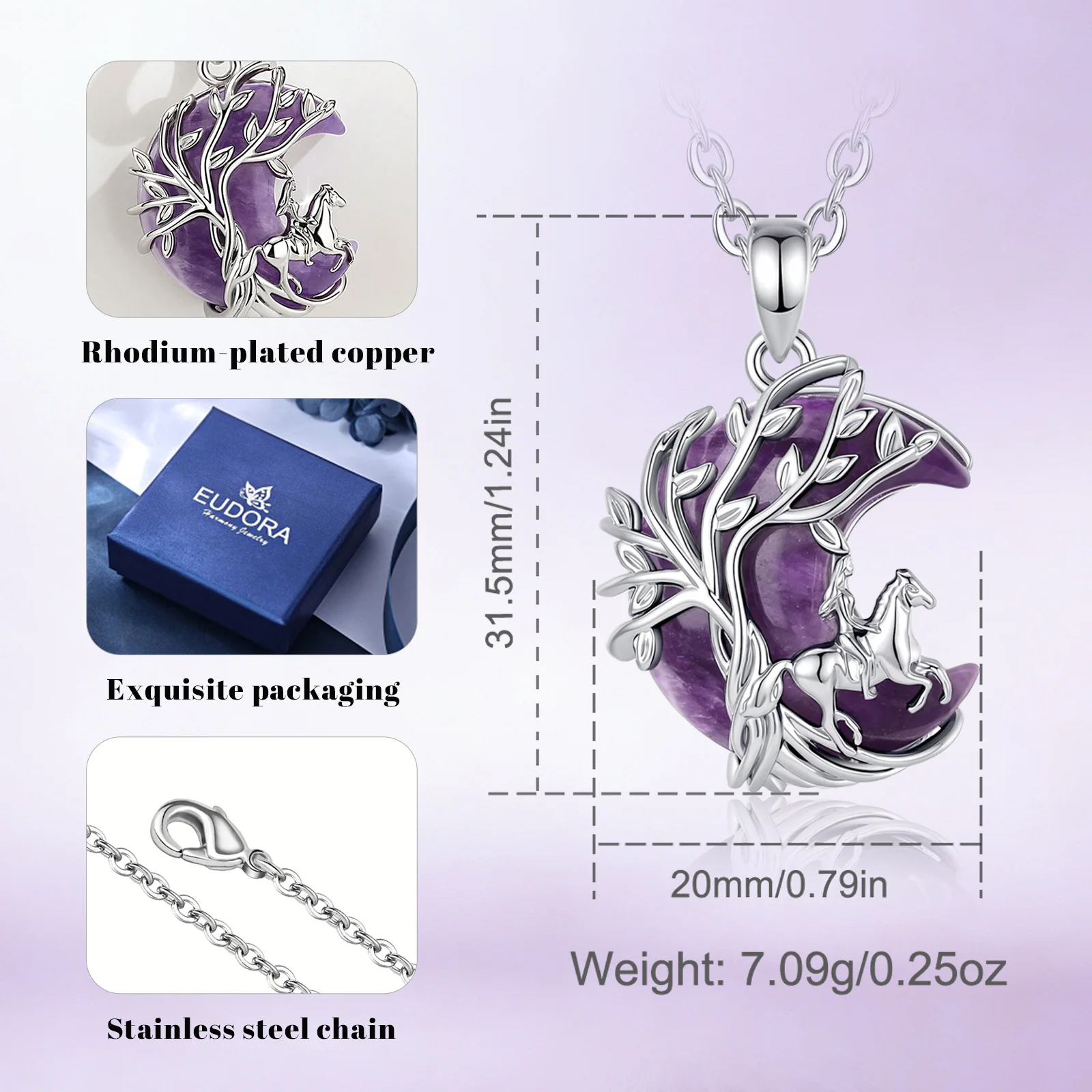 Eudora Amethyst Horse Girl Necklace Crescent Moon Tree of Life Pendant Spirit Animal Jewelry Spiritual Protection Gift for Women 2