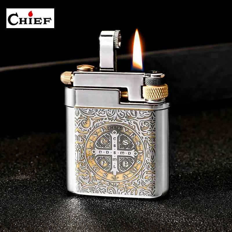 CHIEF-encendedor de queroseno Retro mecánico de latón, prensa, muela de eyección para acelerar fuego abierto, edición de colección, encendedores, regalo