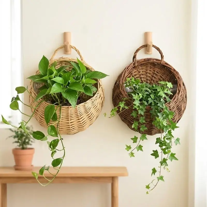 Handwoven Rattan Wall Hanging Planter Basket Sturdy Handle Large Capacity For Indoor Outdoor Home Balcony Garden Decor