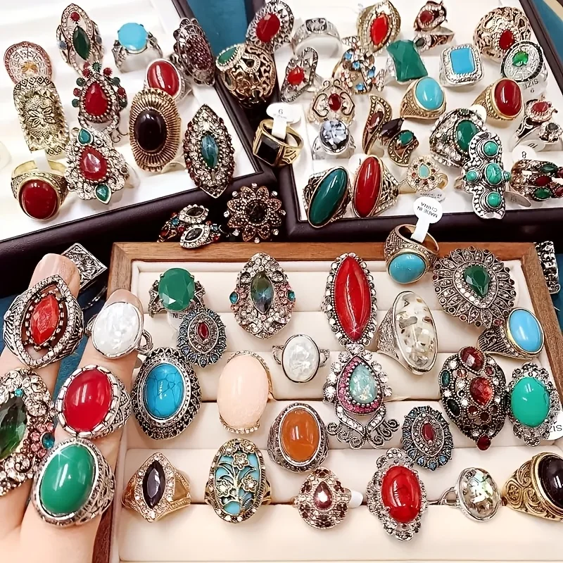 [10 Luxury Rings] 10 Retro Luxury  Rings | Luxury Ethnic Style Pairing Suitable for Party Wedding Valentine's Day Four Seasons Accessories Jewelry Random Matching