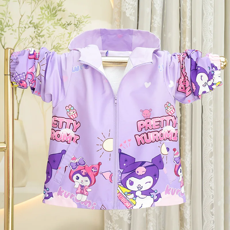 Sanrio Meisjes Jas 2024 Herfst Nieuwe Winddichte Rits Capuchon Kleurrijke Cartoon Kuromi Meisjes Mode Kleding Vakantiecadeau