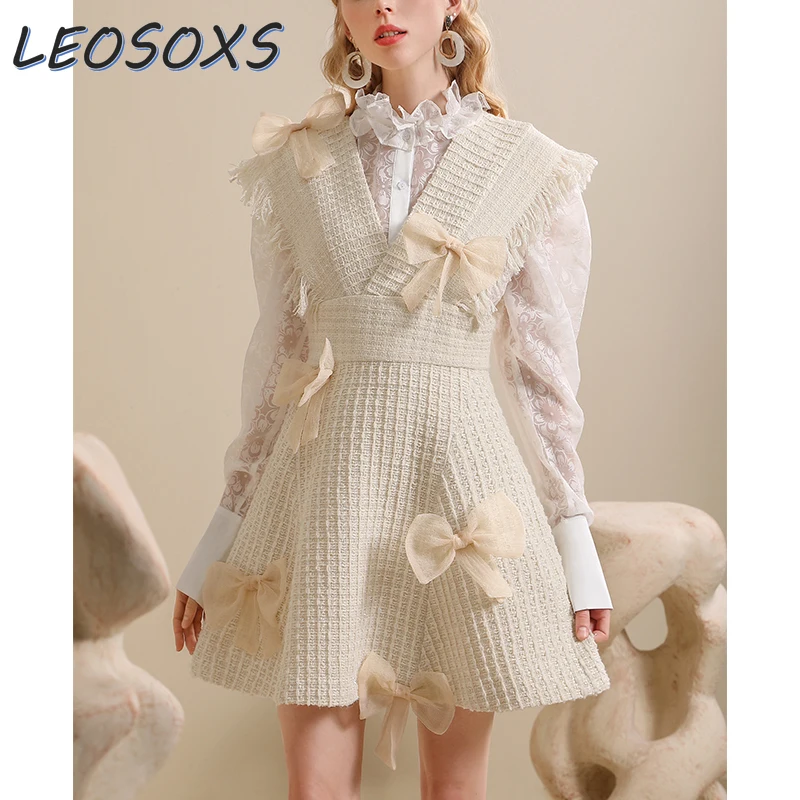 LEOSOXS Sweet Bow Dress Women's Autumn and Winter New Chic Temperament Fringed Edge Slim Waist Thin Coarse Woolen Vest Dress