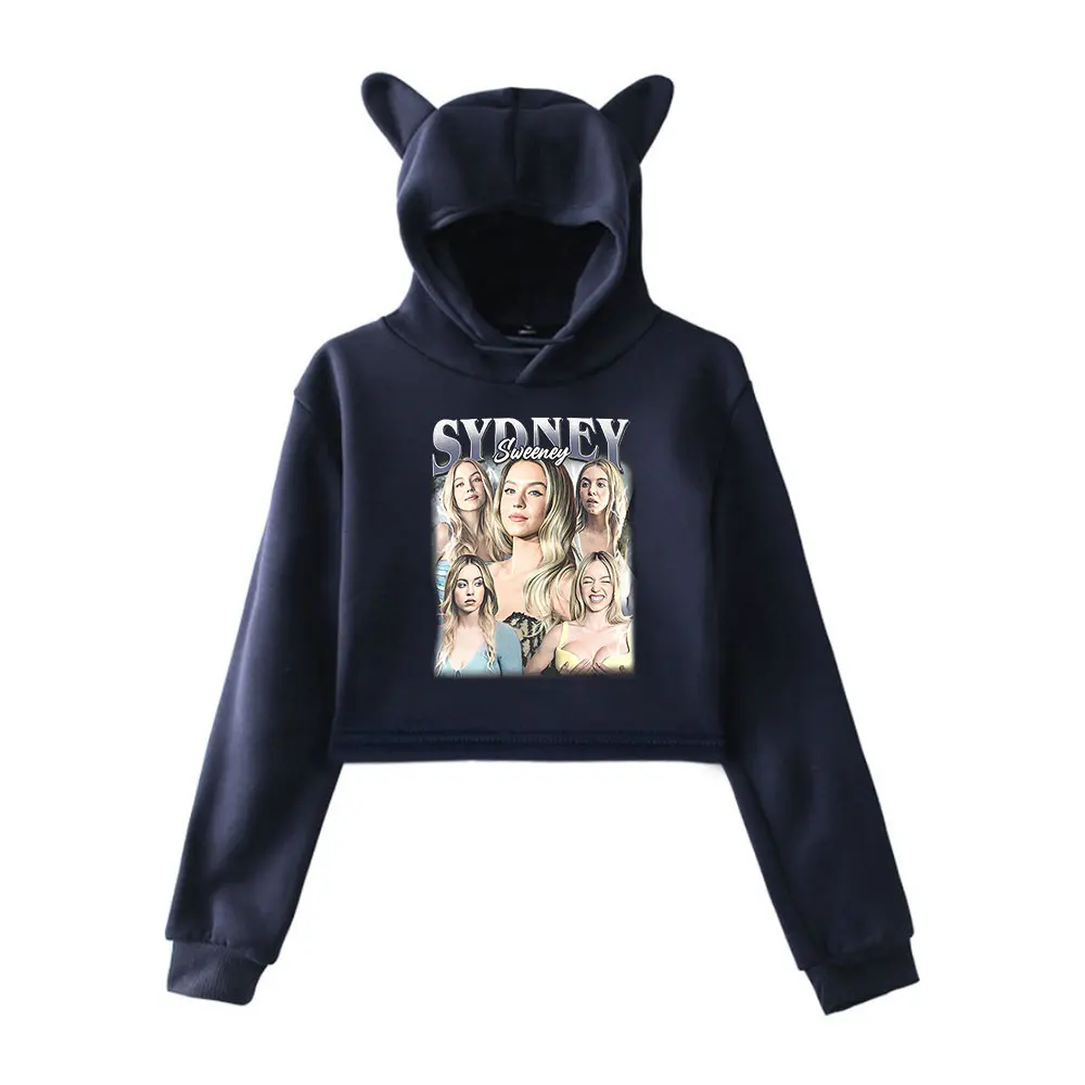 Sydney Sweeney Vintage 90s Streetwear logo Hoodie Merch Hoodies Sweatshirts for Girls Cat Ear Crop Fashion Sports Pullover